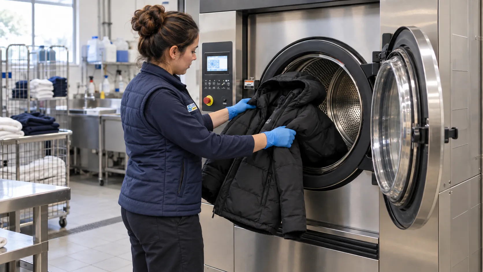 Professional thermal jacket washing process at Lavamatic Cusco